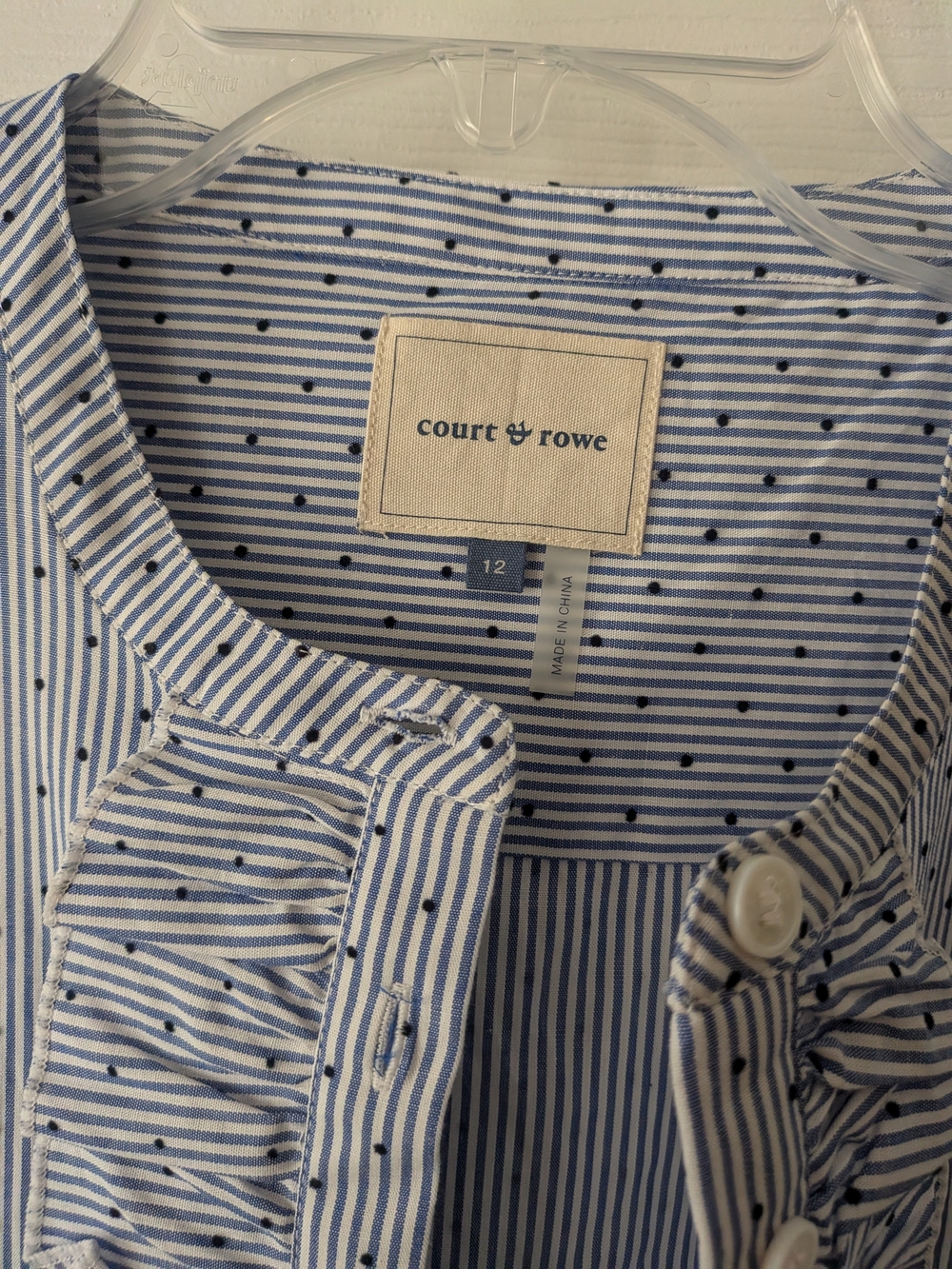 Court & Rowe Dotted Blue Pin Stripe Ruffle-Front Button Dress - Picture 3 of 9